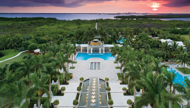View of cool-water pool and waterfall from the Hyatt Regency Coconut Point Resort and Spa in Bonita Springs, FL.