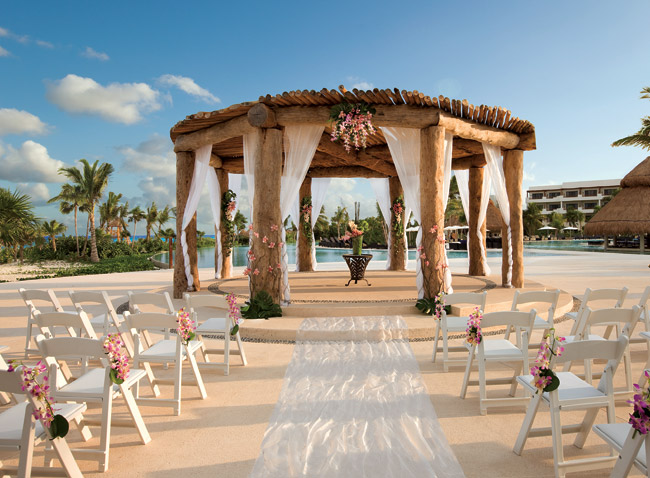 The wedding gazebo located in the center of Secrets Maroma Beach near the main pool with views of the resort and beach.