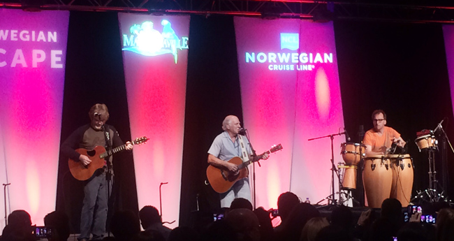 Jimmy Buffet performs for Norwegian Cruise Line employees after the Margaritaville at Sea announcement.