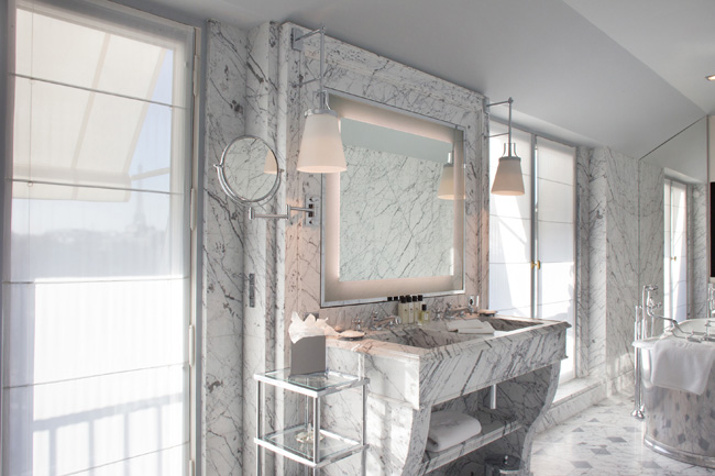 The guestroom bathroom at La Reserve Paris Hotel and Spa.