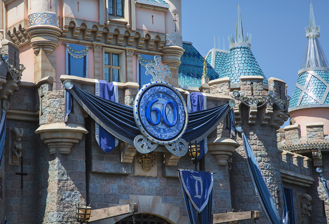 The Sleeping Beauty Castle at Disneyland park is adorned with a special medallion and draped in dazzling diamonds to commemorate the Diamond Celebration at the Disneyland Resort .(Photo credit: Paul Hiffmeyer/Disneyland Resort)
