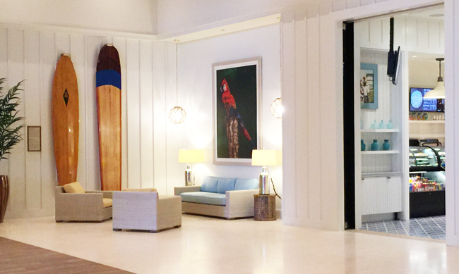 Surfboards from Buffett's personal collection adorn one of the lobby walls.
