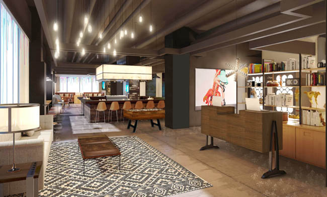 A rendering of a public space inside the new Moxy New Orleans.