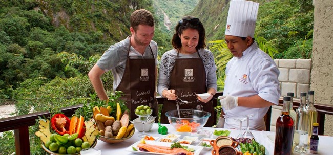 Guests participating in a Peruvian cooking class at the Sumaq Machu Picchu Hotel in Peru.