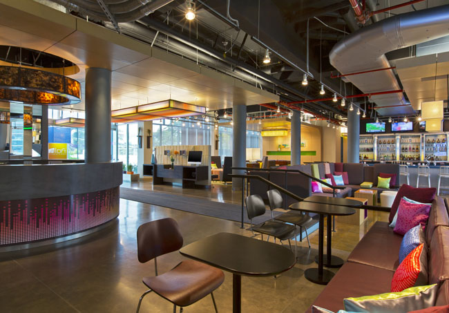 The colorful lobby at the Aloft Hotel.