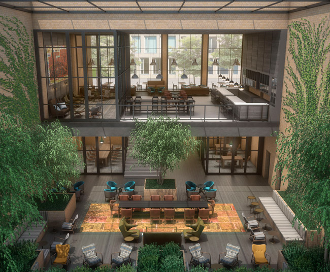 Rendering of the lobby for Canopy by Hilton in Portland.