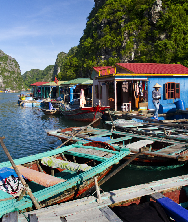 A floating village in Ha Long Bay.