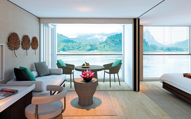 The Deluxe Suite lounge aboard the Scenic Spirit.