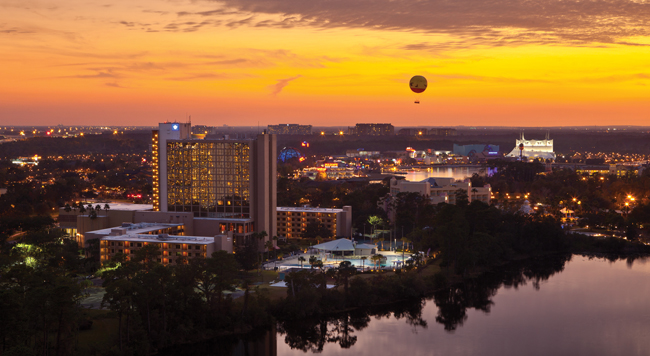 Sunset views of the Wyndham Lake Buena Vista Resort.