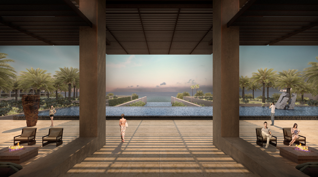 Rendering of the open-air lobby at the JW Marriott Los Cabos.