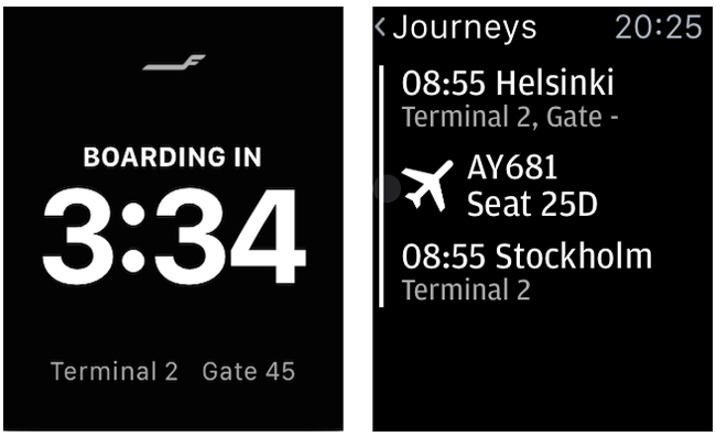 A screenshot of the Finnair App Apple Watch.