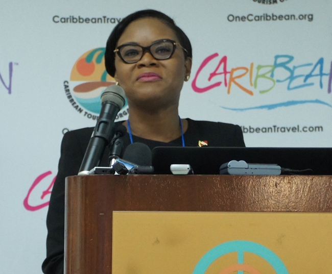 Tourism Minister Shamsa Cudjoe at the Caribbean Tourism Organization's State of the Industry Conference in Curacao.