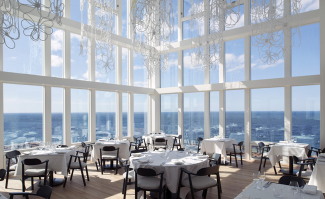 Fogo Island Inn’s glass-fronted dining room in Canada.