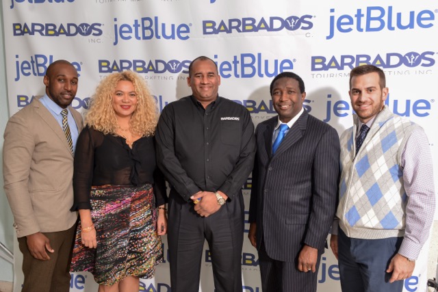 From left to right: Samora Emmanuel, manager, airport operations - FLL for JetBlue Airways, Petra Roach, director, USA for Barbados Tourism Marketing Inc., Richard Sealy, Minister of Tourism and International Transport, Dale Holness, Broward County Commissioner, District 9 and Josh Powe, Airport Manager - FLL for JetBlue Airways.