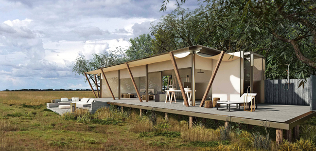 A rendering of the Mambeti Camp in Zambia's Liuwa Plain National Park.