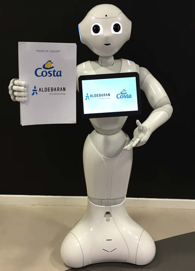 Pepper, the world's first emotional robot, is scheduled to make "his" debut on board the AIDAprima and Costa Diadema ships this spring.