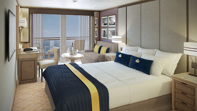 A rendering of the Britannia Club Balcony stateroom on Cunard's Queen Mary 2.