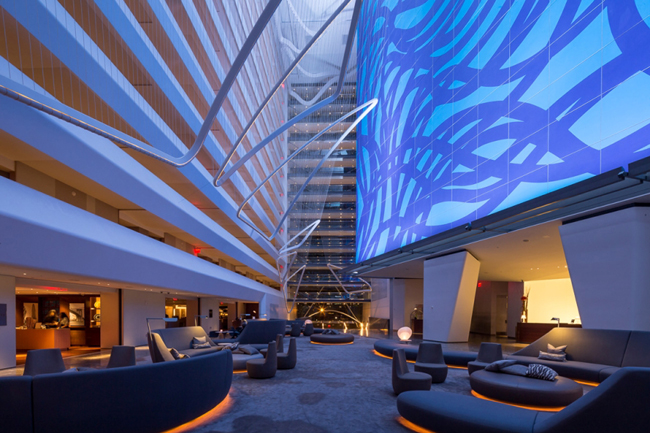 The atrium at the Conrad New York in Lower Manhattan.