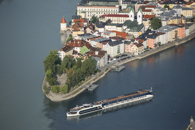 An aerial shot of the new AmaStella sailing in Passau, Germany.