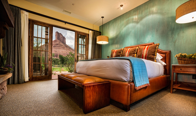 A casita bed and palisade at the Gateway Canyons Resort & Spa in Colorado.