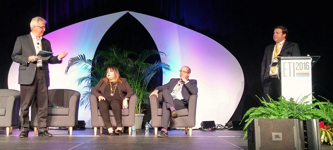 At a panel on regional airlines led by Caribbean Journal's Alex Britell (right), InterCaribbean Airways CEO Trevor Sadler (left) reminded everyone that his airline still pays commissions. (Photo credit: Ed Wetschler)