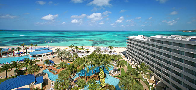 An aerial shot of of the All-inclusive Melia Nassau Beach in the Bahamas.