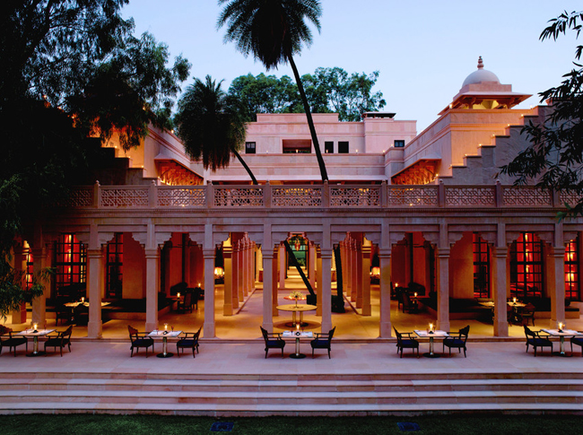 Guests on Aman's Private Jet Expedition receive accommodations in luxurious upscale resorts, including the Amanbagh resort in India.