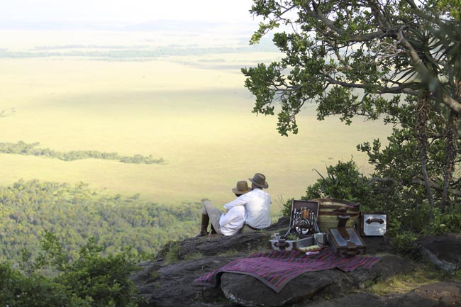 The Angama Mara safari lodge in Kenya sits above the floor of Africa’s Great Rift Valley overlooking Kenya’s Maasai Mara National Reserve.