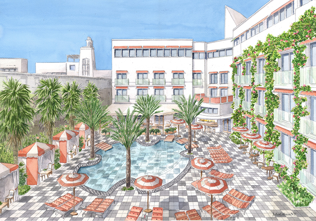 A rendering of the pool area at the The Plymouth hotel in Miami Beach.