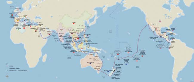 A map of the Viking Sun World Cruise route.