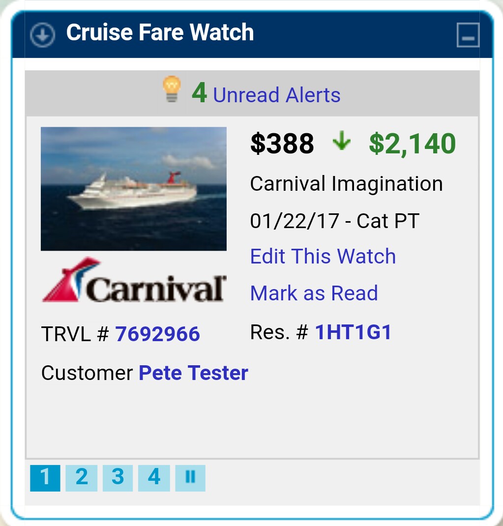 A screenshot of Dream Vacations, CruiseOne and Cruises Inc.'s new Cruise Fare Watch technology.