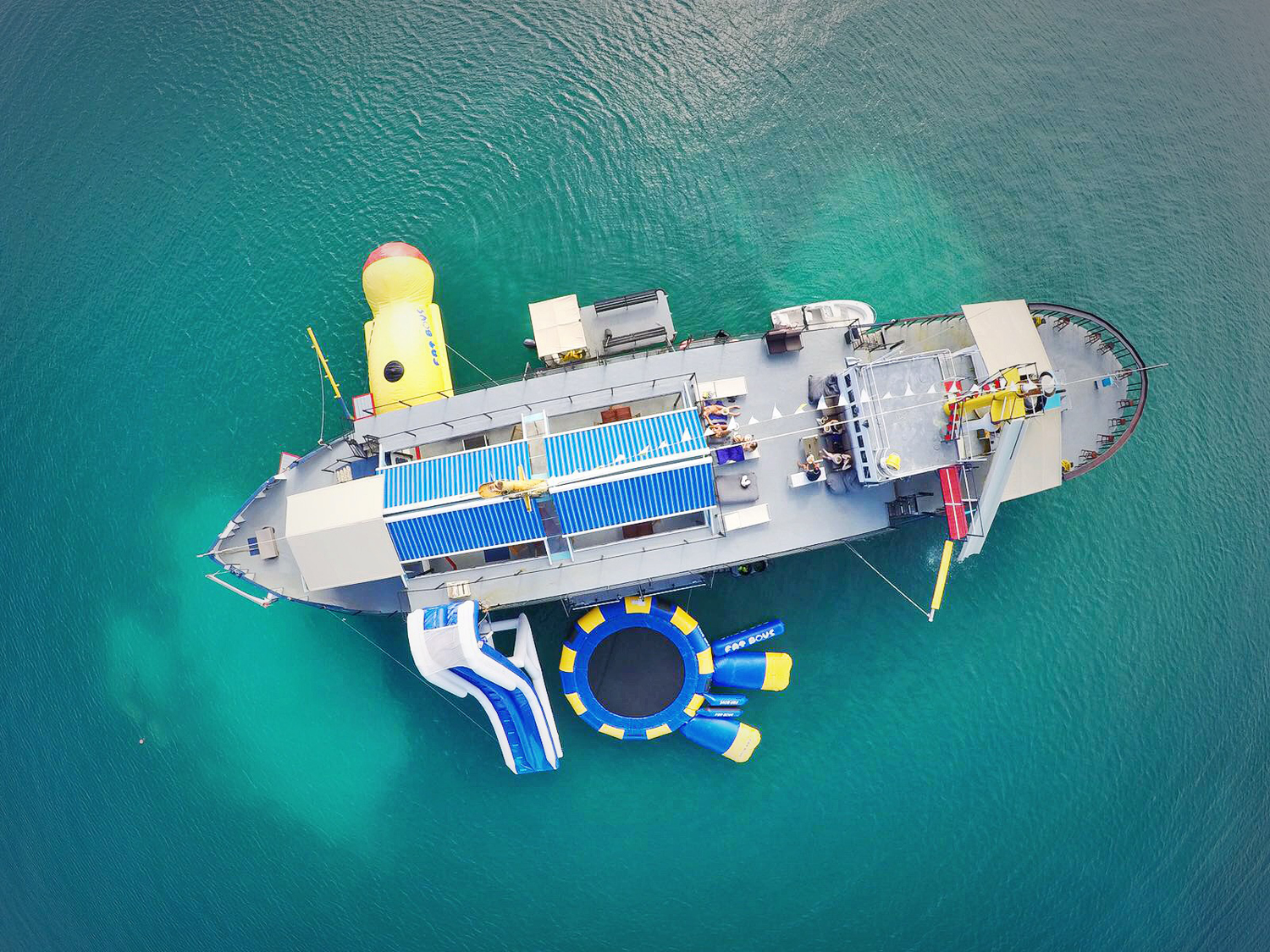 D-Boat is a permanently moored ocean playground by Maiden Island, just offshore the coast of Antigua, with activities for all ages.