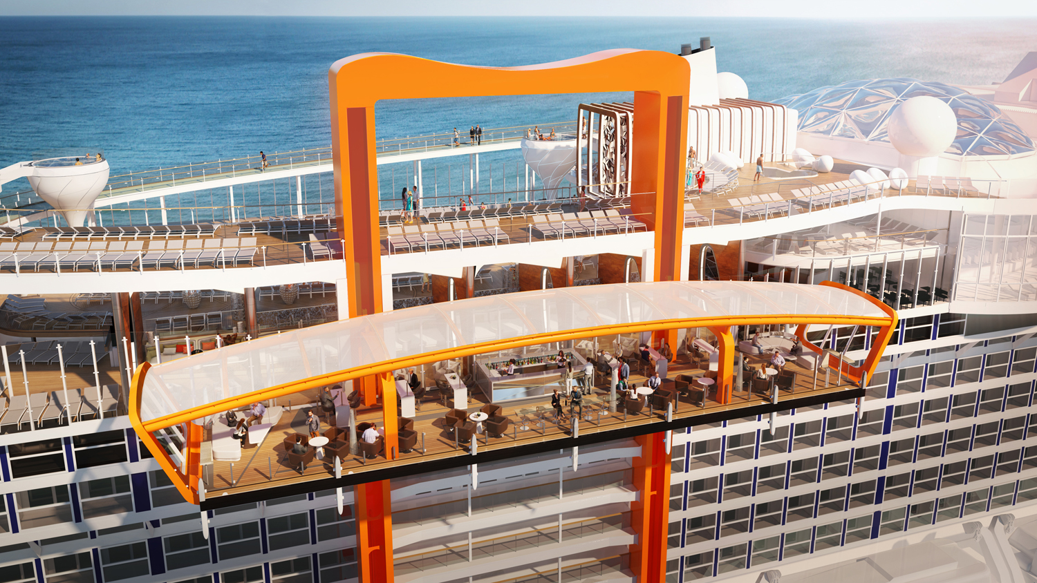 The Magic Carpet on the Celebrity Edge will moves up and down the ship’s 16 decks to deliver different experiences at each one.