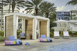 Renovations to the Fontainebleau Miami Beach's cabanas include the addition of sleek custom furniture and Haiku ceiling fans.