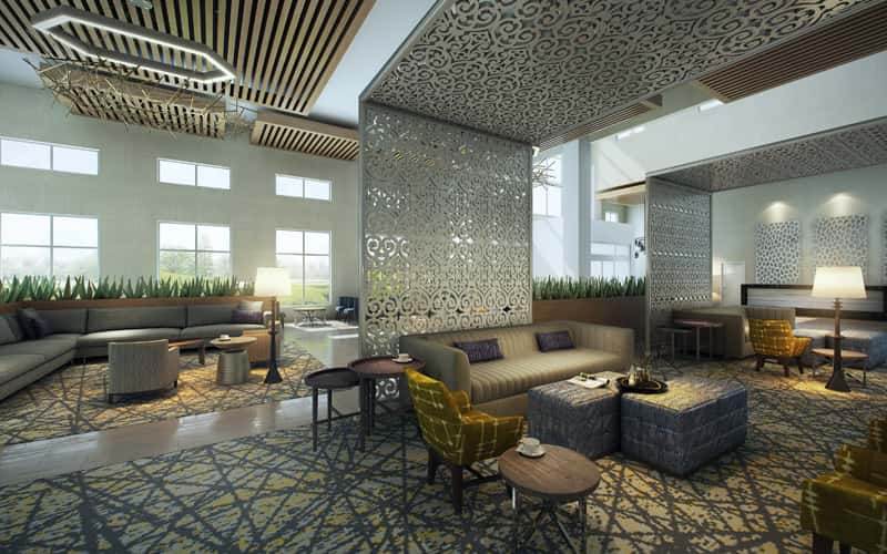 Embassy Suites by Hilton San Antonio Brooks Hotel & Spa lobby.
