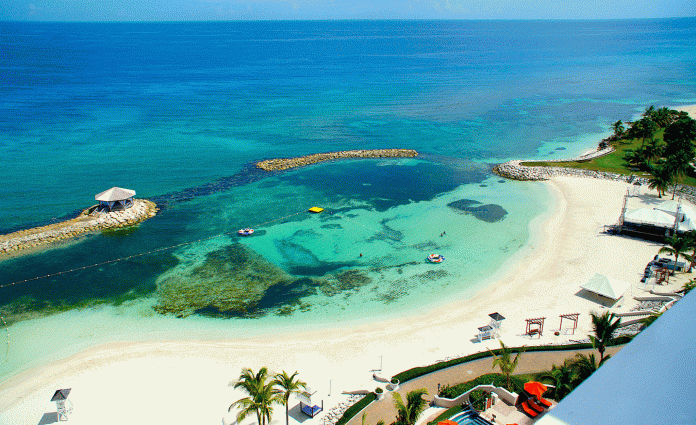 Jamaica-JAPEX View of the beach (well, part of it) from a room at Jewel Grande Montego Bay Resort & Spa. (Photo Credit: Ed Wetschler)