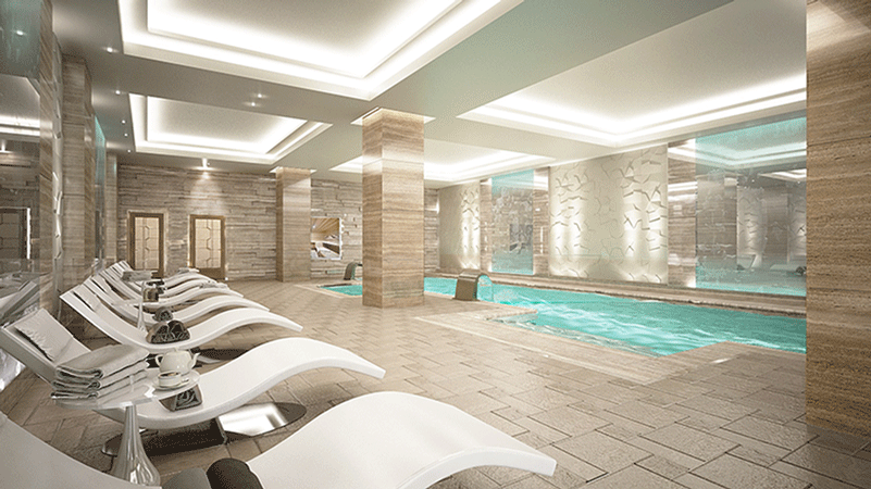 Guests can relax by the vitality pool between heat experiences at the spa.