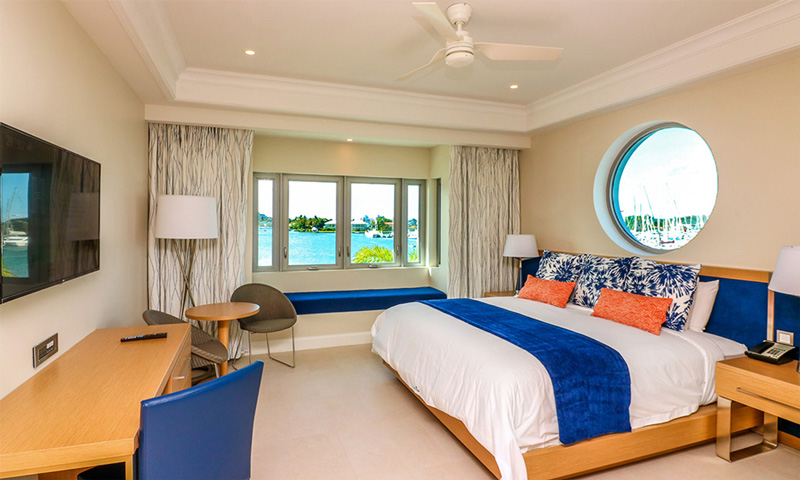 Inside one of the rooms at Saint Lucia's brand new Harbour Club, a Curio Resort. 