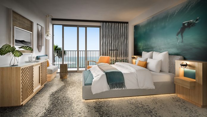 Waikiki Renderings detail what guestrooms inside the Waikiki Beachcomber will look like after renovations. (Credit: SFA)